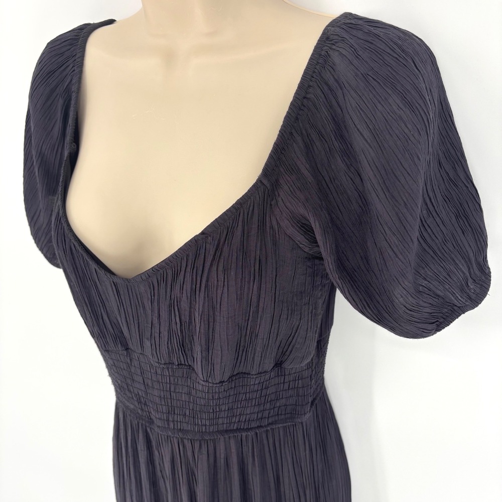 Max + Ash Black Crinkle Smocked Waist V-Neck Wide Leg Jumpsuit Dark Gray Large